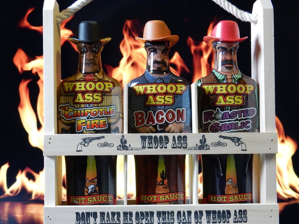 Whoop Ass Hot Sauces In a Wooden Crate