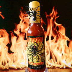 Widow No Survivors Hot Sauce with Spider on Neck of Bottle